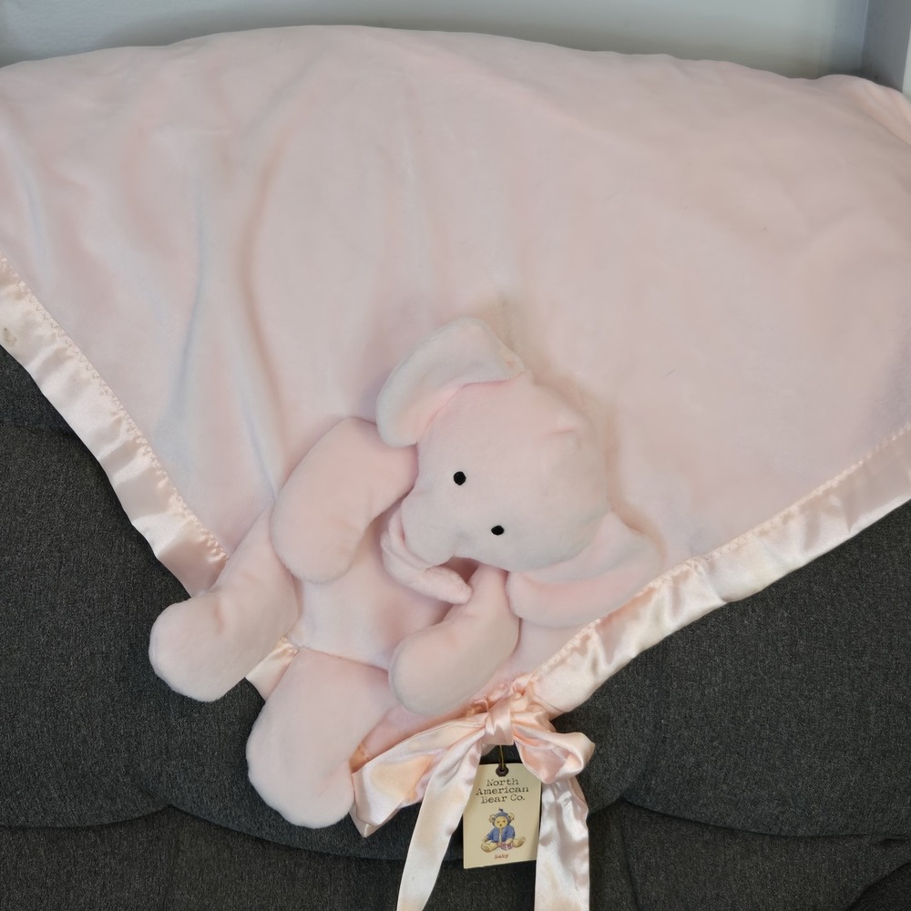 NEW North American Bear Co Flatoelephant Pink Plush Roll Up Baby Blanket Satin